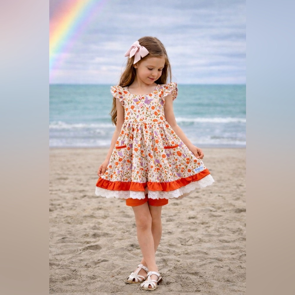 Like New Bella & Omi Floral Butterfly Twirl Dress & Shorts Play Set, 6, MSRP $65